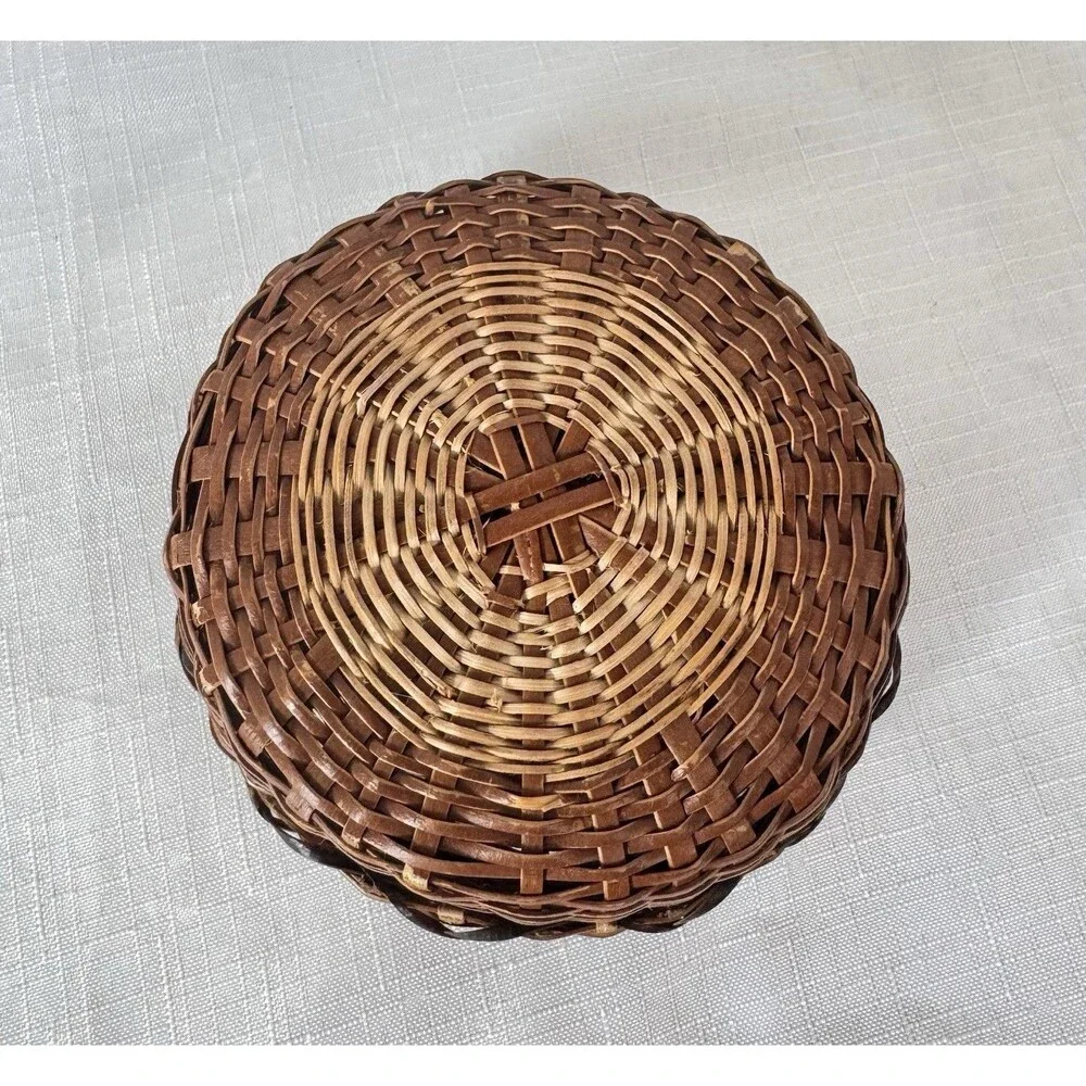 Vintage Trinket Basket Native American Style Lid Ash Splint Wood Woven Folk Art